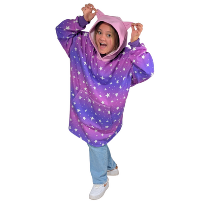 Cozy Hoodie Blanket with Cat Ears — Purple with Stars & Pink Hood