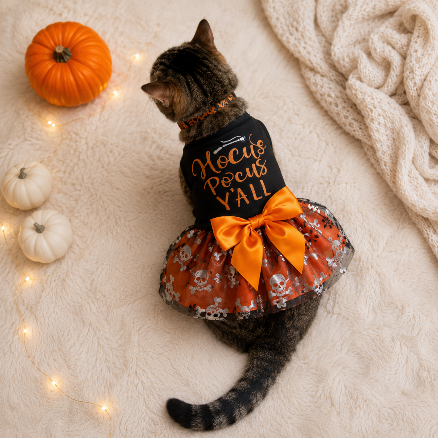 A tabby cat wearing a Halloween-themed pet dress sits on a cream faux fur rug with decorative pumpkins, string lights, and a knitted blanket. The dress is black with orange lettering that reads 'Hocus Pocus Y'all' and features an orange skirt with a large orange bow and white skull print.