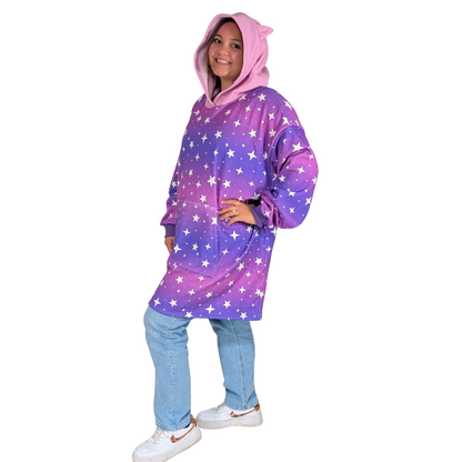 Cozy Hoodie Blanket with Cat Ears — Purple with Stars & Pink Hood