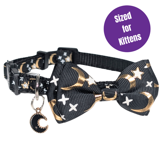 Midnight Moon – Black Celestial Bowtie Kitten Collar (Small Size)