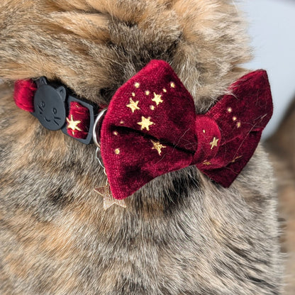Lunar Ember – Red Celestial Velvet Bowtie Cat Collar