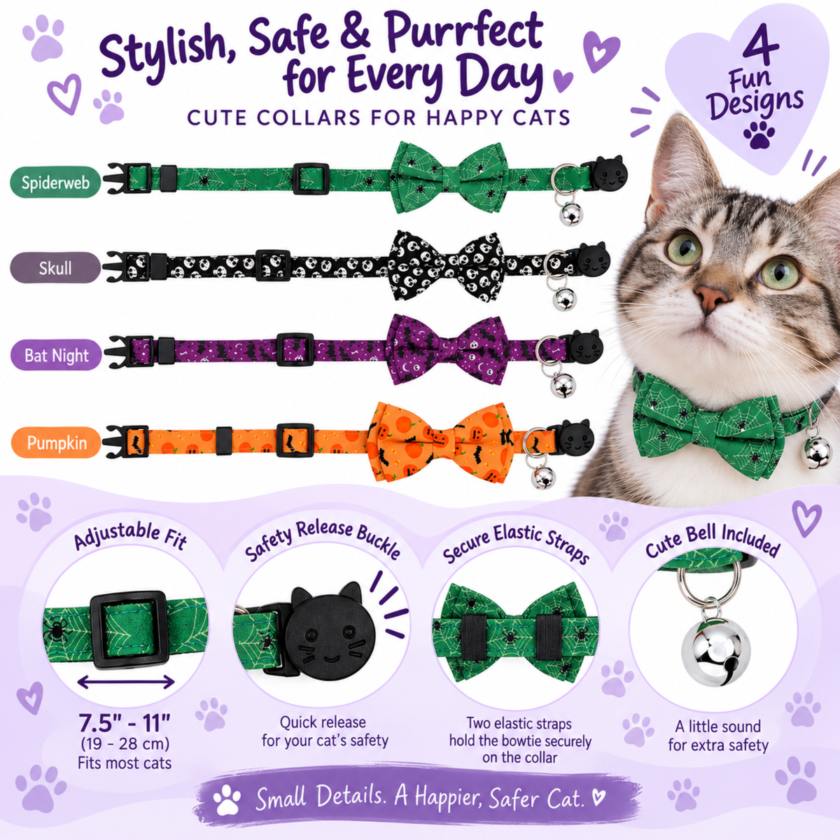 Halloween Cotton Bowtie Cat Collar with Bell (4 Styles)