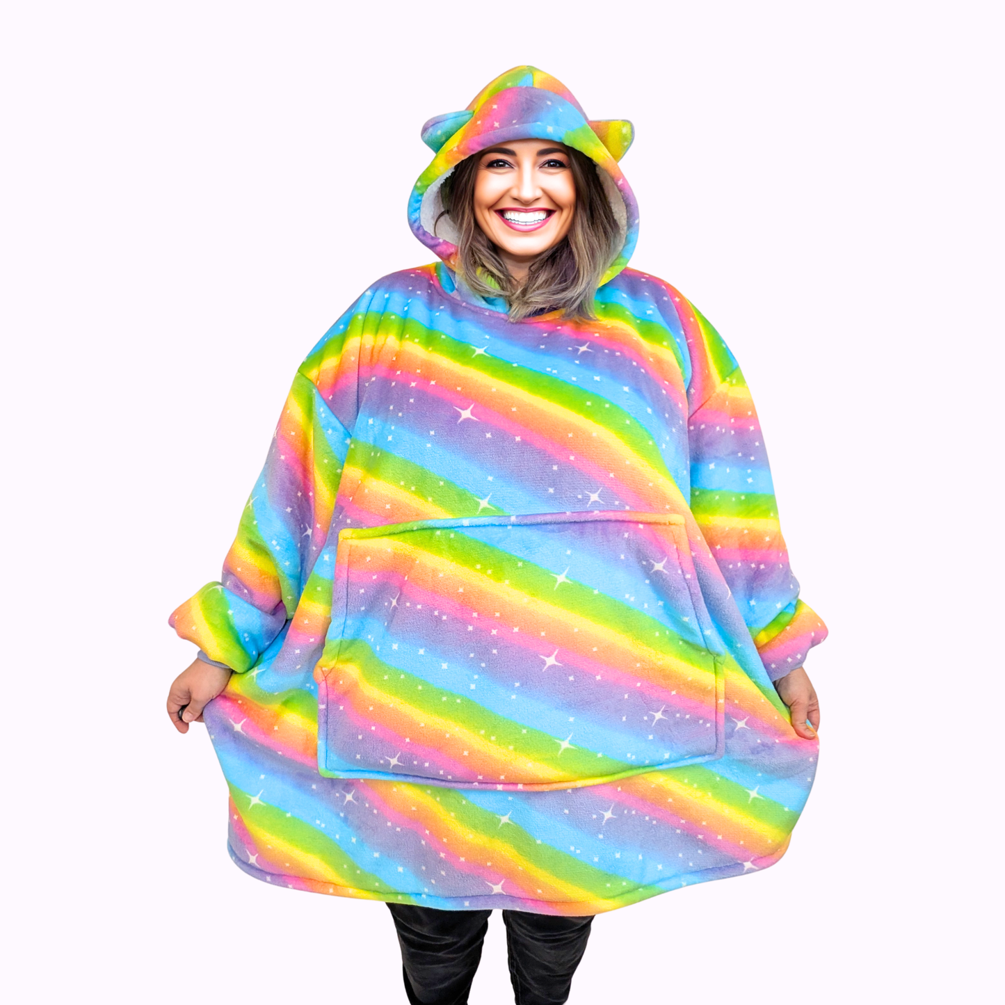 Rainbow Star Cat Ear Oversized Hoodie Blanket