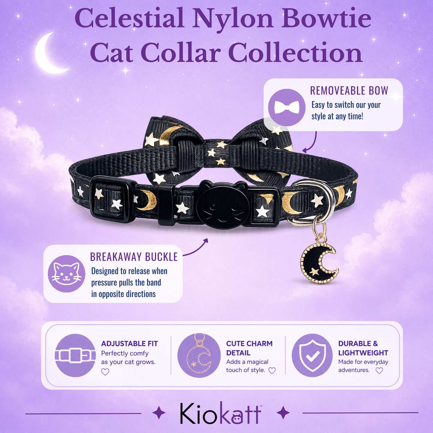 Midnight Moon – Black Celestial Bowtie Cat Collar (Adult Size)