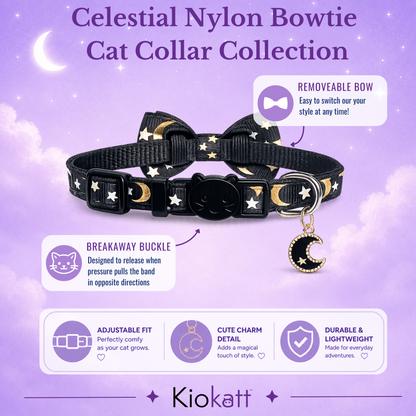 Midnight Moon – Black Celestial Bowtie Cat Collar (Adult Size)