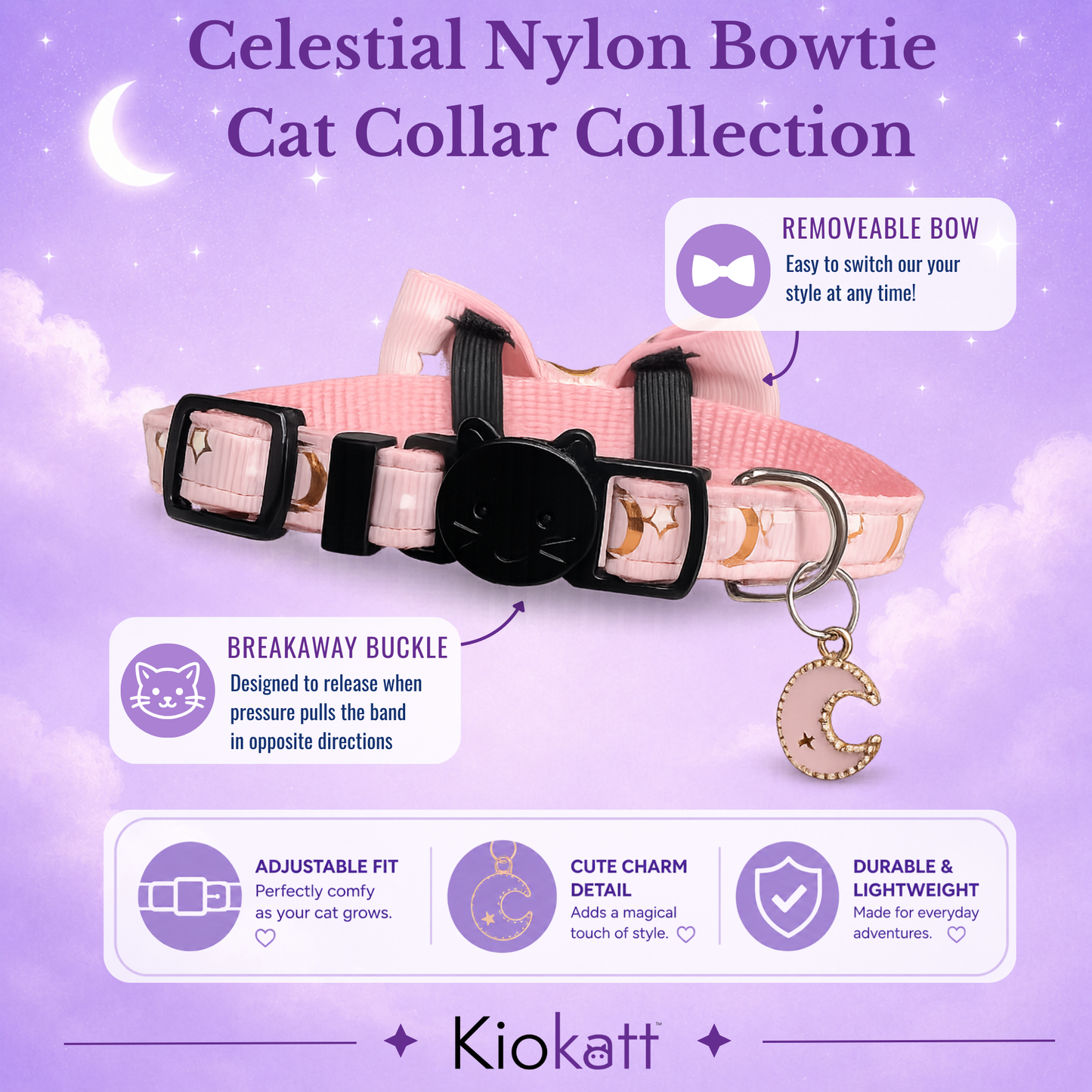 Pink Celestial Bowtie Cat Collar (Adult Size) - Kiokatt