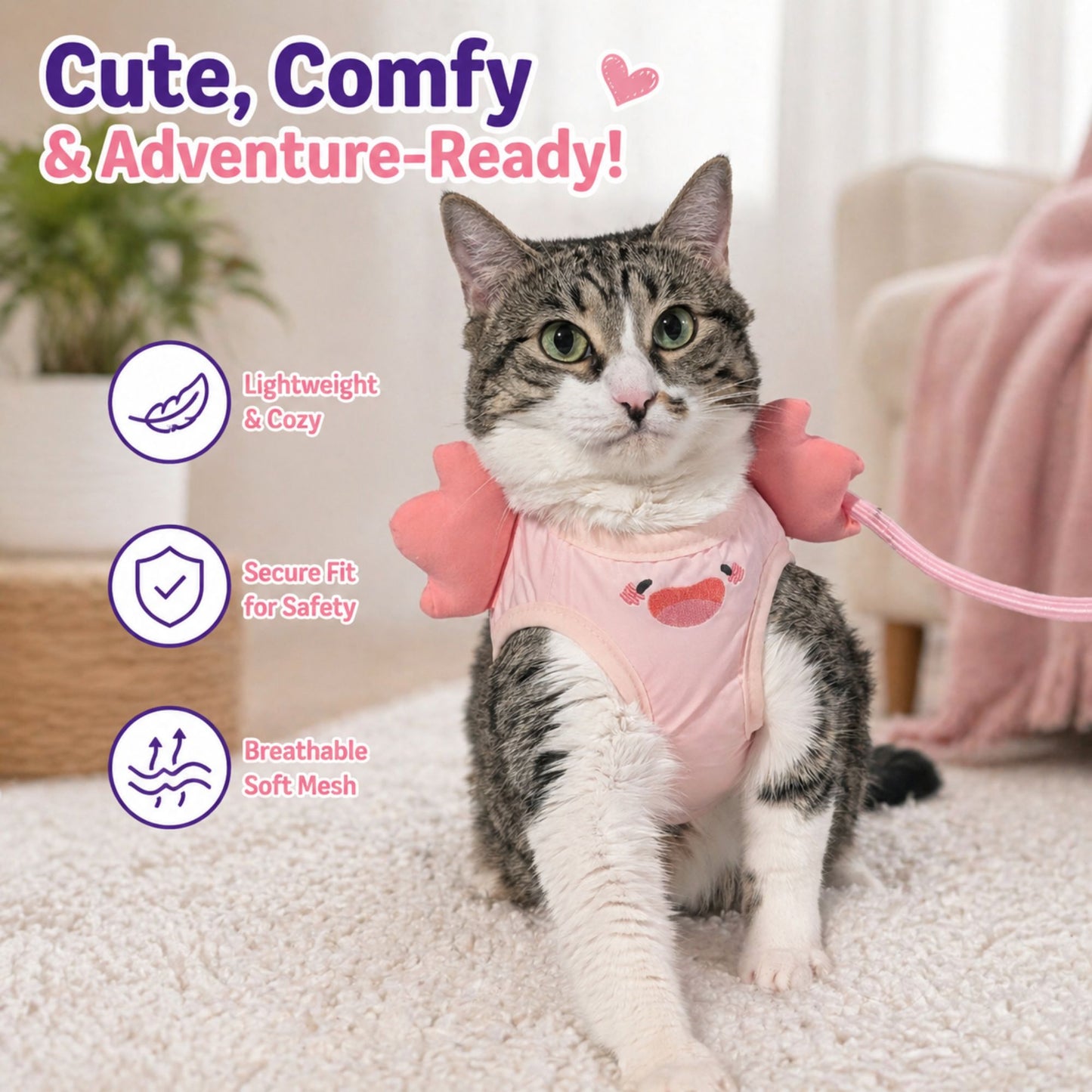 Pink Axolotl Cat Harness + Leash Set