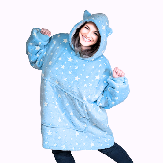 Blue Glow-in-the-Dark Star Cat Ear Oversized Hoodie Blanket