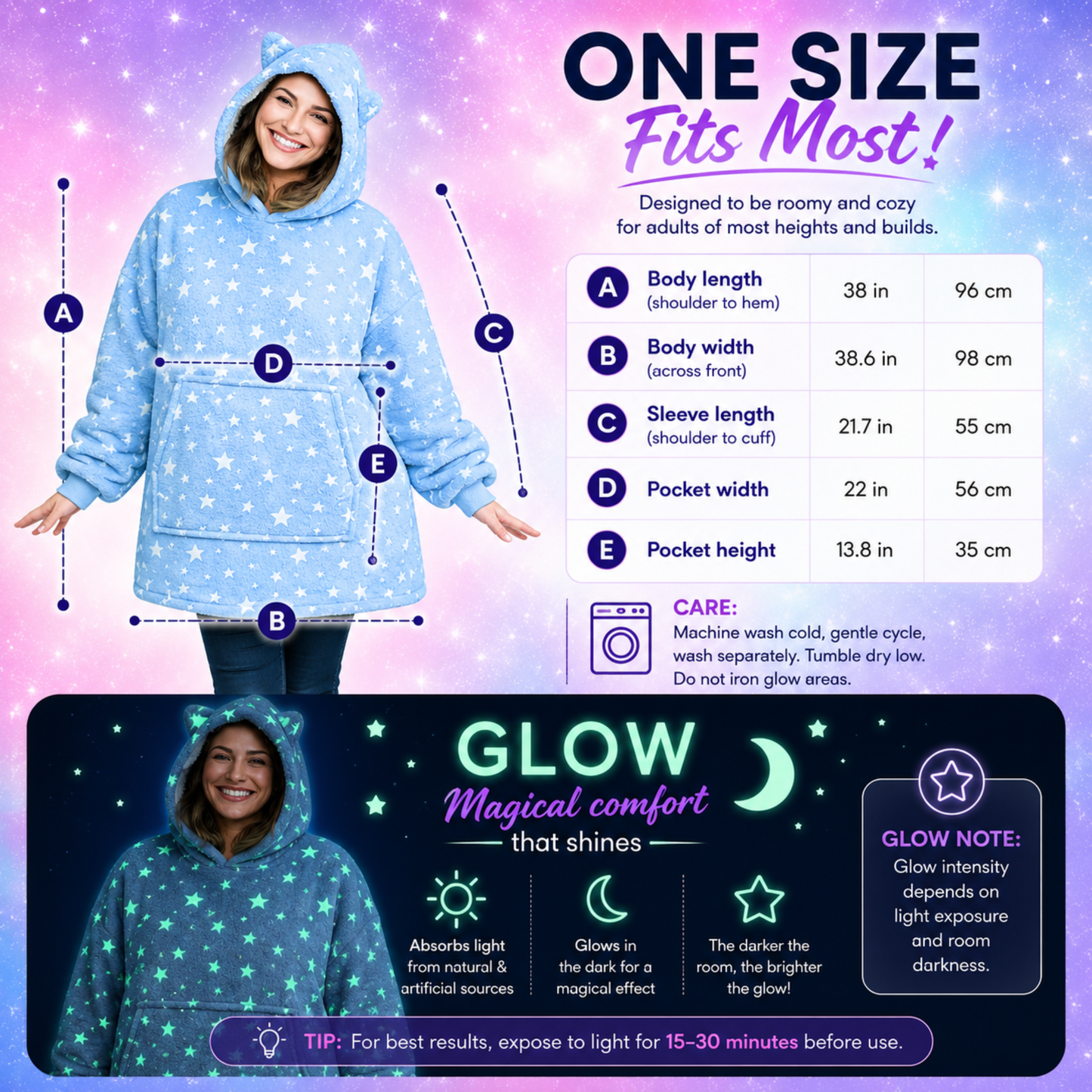 Blue Glow-in-the-Dark Star Cat Ear Oversized Hoodie Blanket