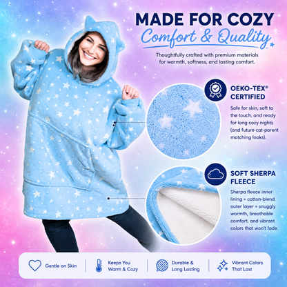 Blue Glow-in-the-Dark Star Cat Ear Oversized Hoodie Blanket