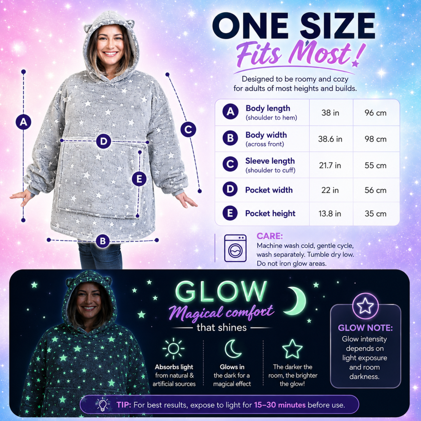 Grey Glow-in-the-Dark Star Cat Ear Oversized Hoodie Blanket