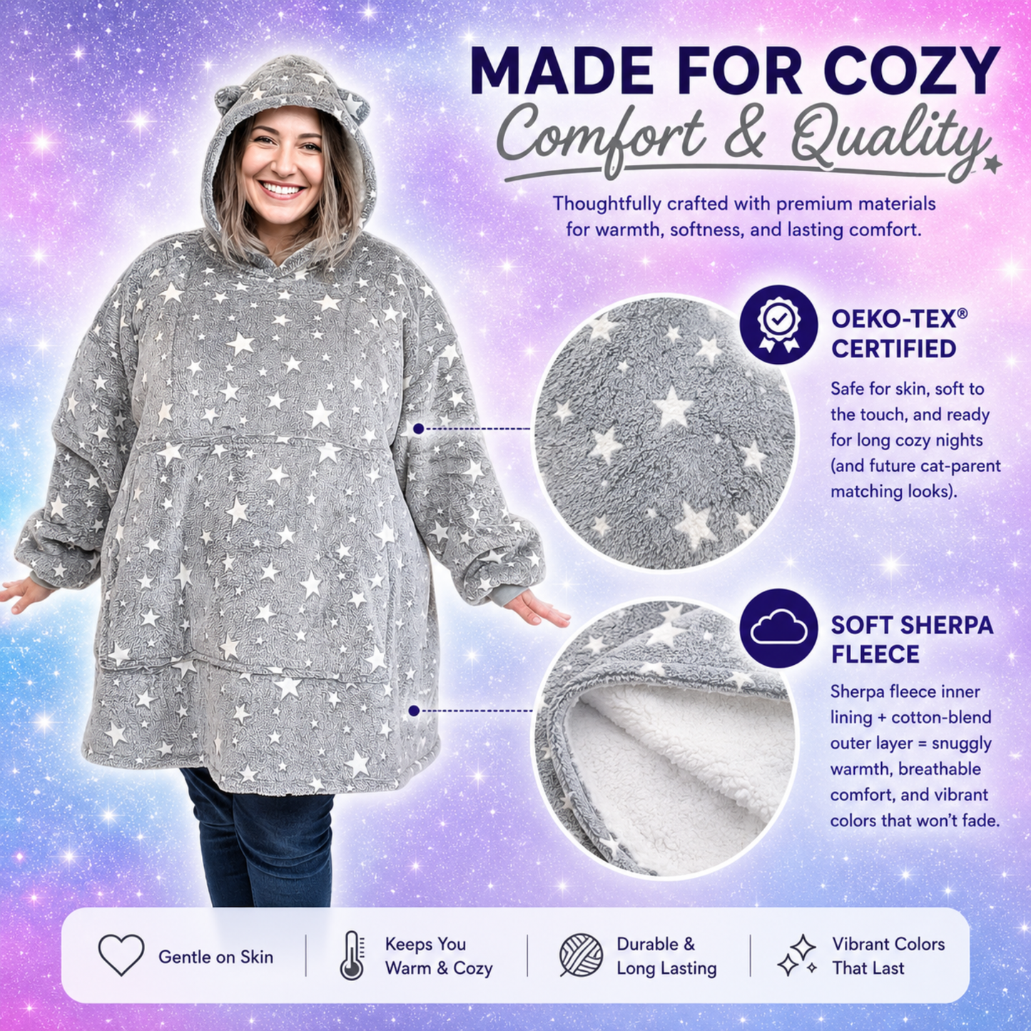 Grey Glow-in-the-Dark Star Cat Ear Oversized Hoodie Blanket