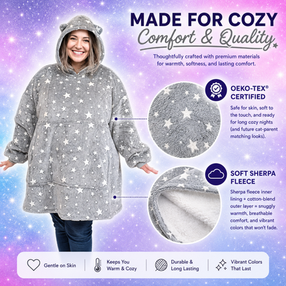 Grey Glow-in-the-Dark Star Cat Ear Oversized Hoodie Blanket