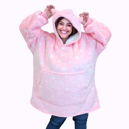 Pink Glow-in-the-Dark Star Cat Ear Oversized Hoodie Blanket