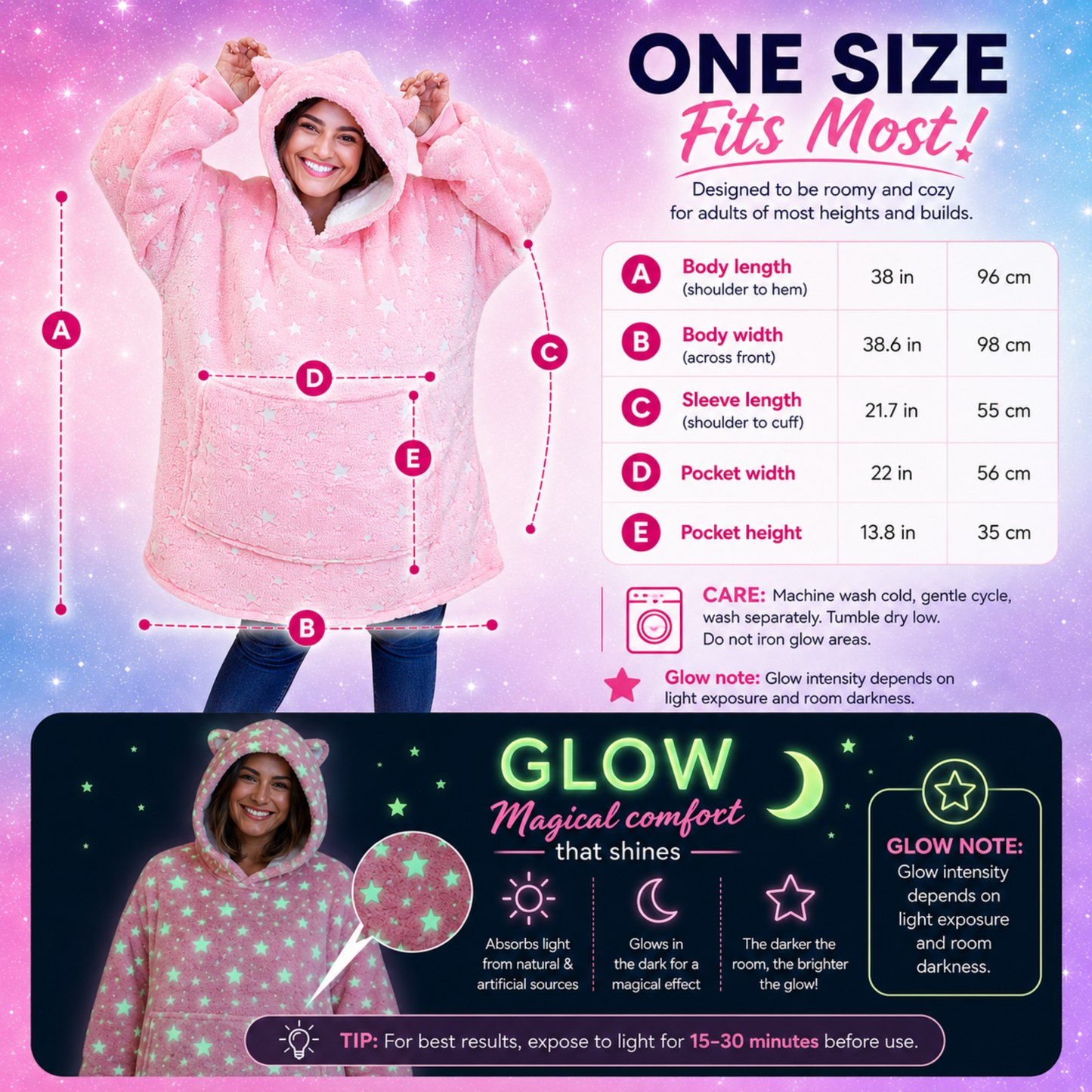 Pink Glow-in-the-Dark Star Cat Ear Oversized Hoodie Blanket