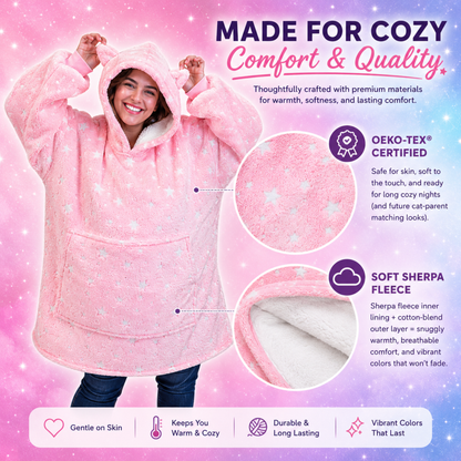 Pink Glow-in-the-Dark Star Cat Ear Oversized Hoodie Blanket