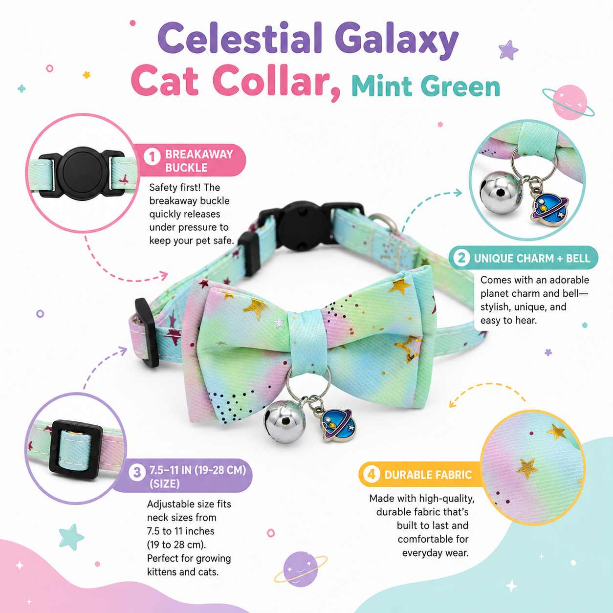 Mint Green Galaxy Bowtie Cat Collar