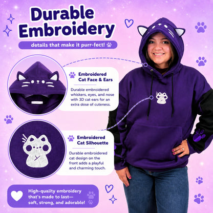 A woman wearing a purple hoodie with embroidered cat face and ears on the hood, plus a cat silhouette embroidery on the front, set against a light purple background with text callouts explaining the durable embroidery details.