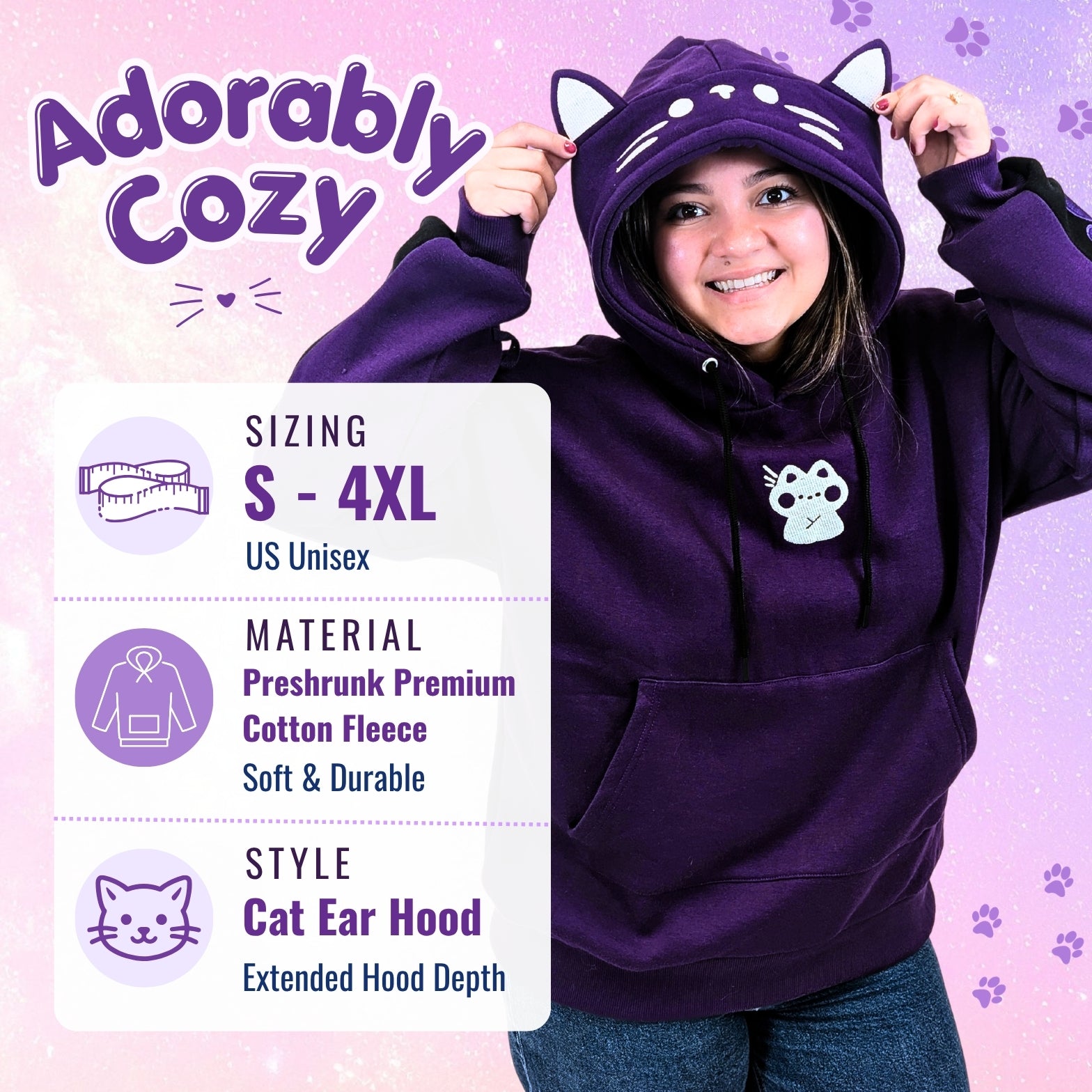 A woman wearing a purple cat-ear hooded sweatshirt, with a size and material info panel on the left and the text 'Adorably Cozy' at the top. The hoodie has white cat ears on the hood and a small white cat face patch on the chest.