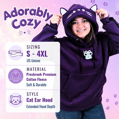 A woman wearing a purple cat-ear hooded sweatshirt, with a size and material info panel on the left and the text 'Adorably Cozy' at the top. The hoodie has white cat ears on the hood and a small white cat face patch on the chest.
