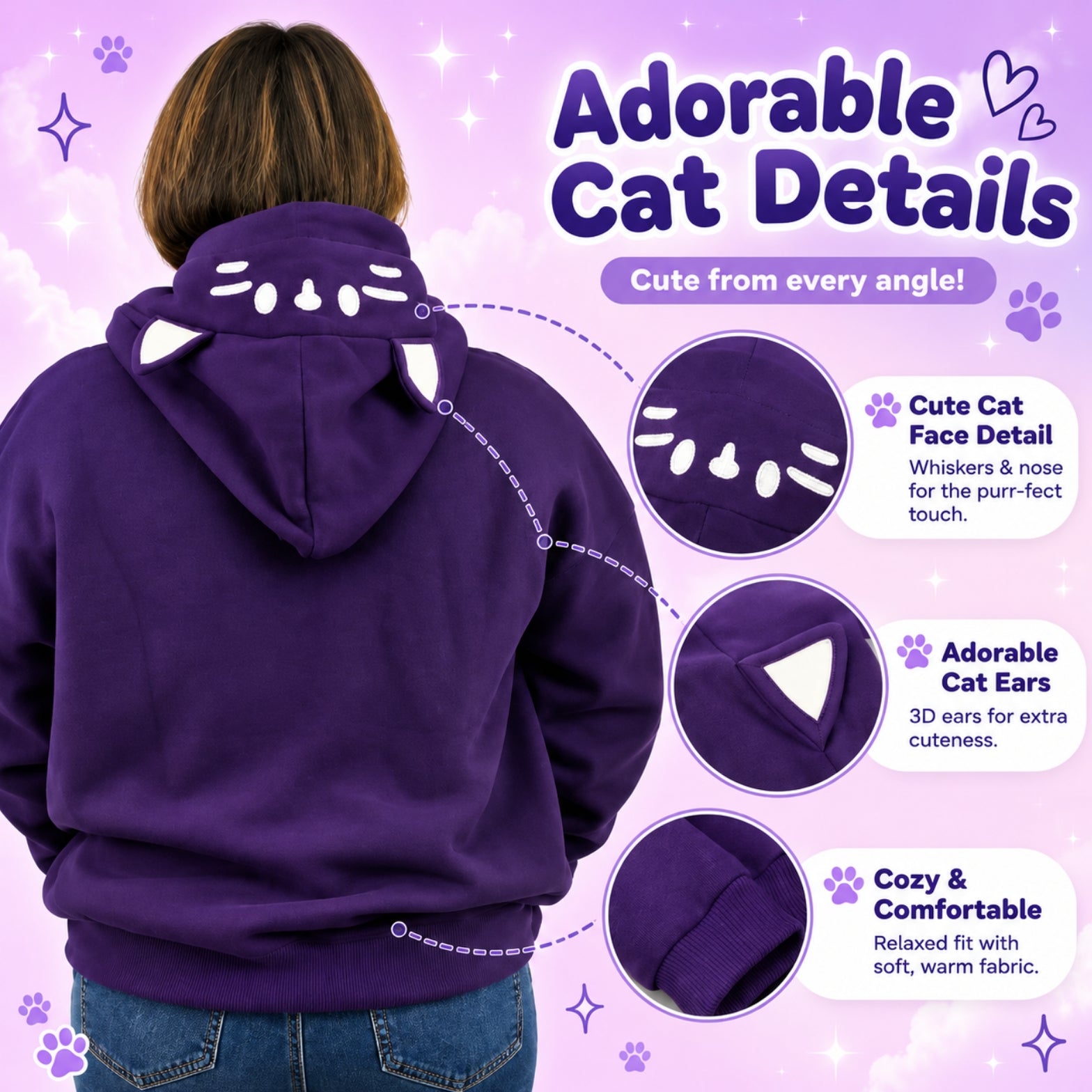 A person shown from the back wearing a purple hoodie with cat-ear details and white whisker graphics on the hood, over a pastel purple graphic background with text callouts about cat face detail, cat ears, and comfort.