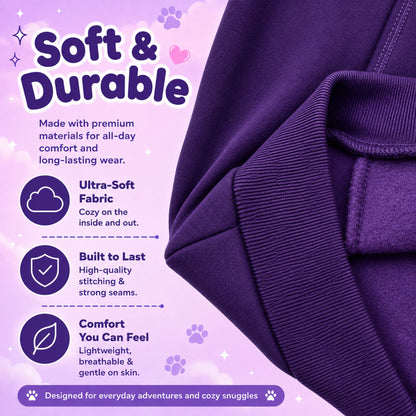 Purple fleece jacket close-up with promotional text on a light lavender background, highlighting soft fabric, durable stitching, and comfort.