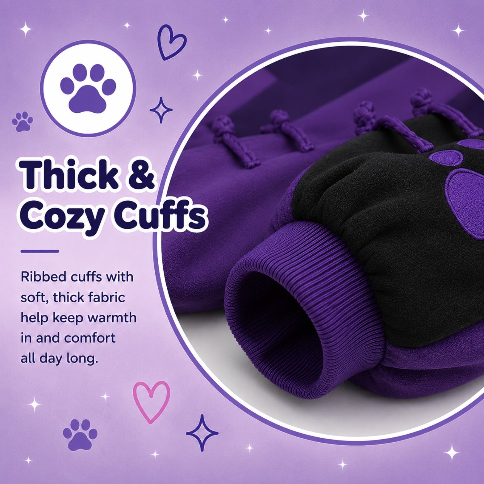 Purple and black paw hoodie sleeve with thick ribbed cuffs, shown in a circular close-up on a purple graphic background 