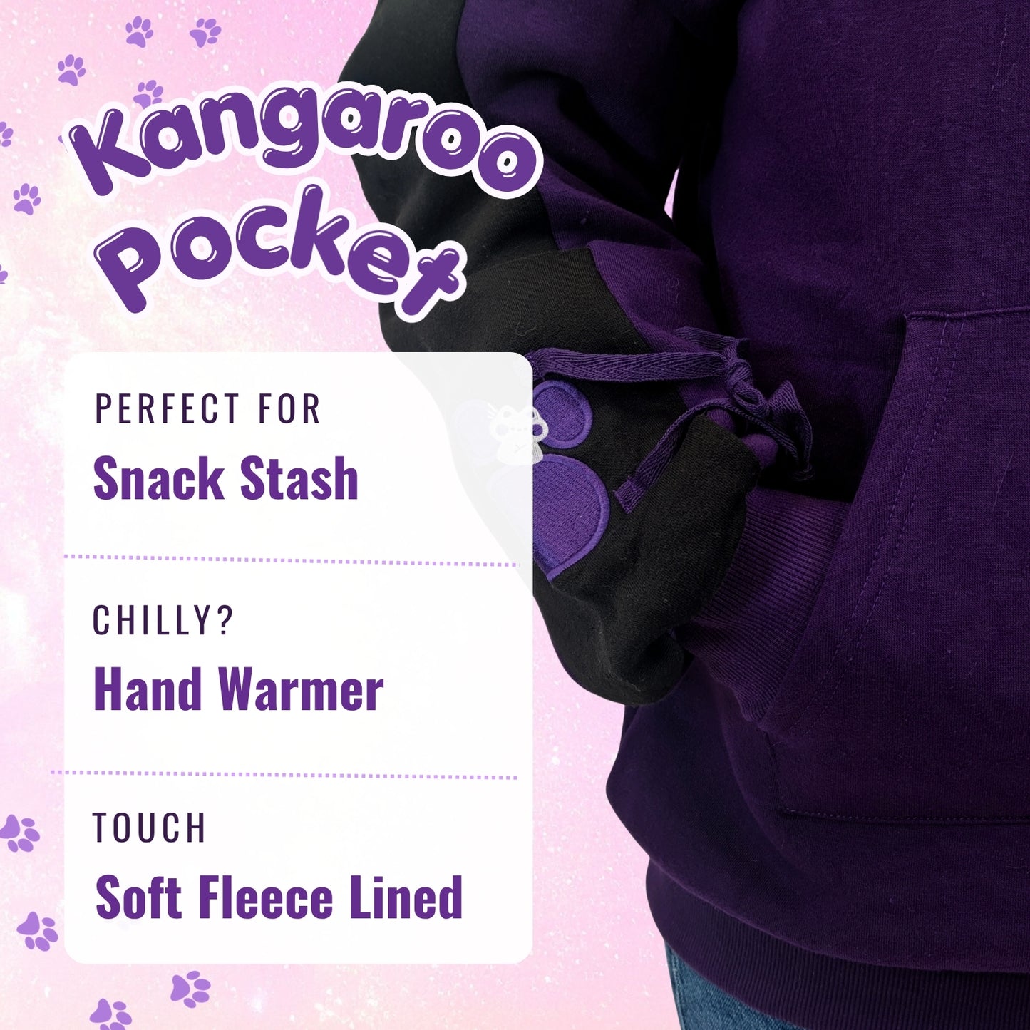 A close-up of a person wearing a purple hoodie and black gloves with purple kangaroo pockets, with text overlays describing the pockets as perfect for snack stash, chilly hand warmer, and touch soft fleece lined.