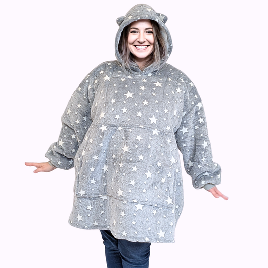Grey Glow-in-the-Dark Star Cat Ear Oversized Hoodie Blanket