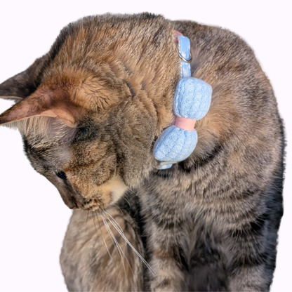 Blue Knit Bow + Polka Dot Cat Collar
