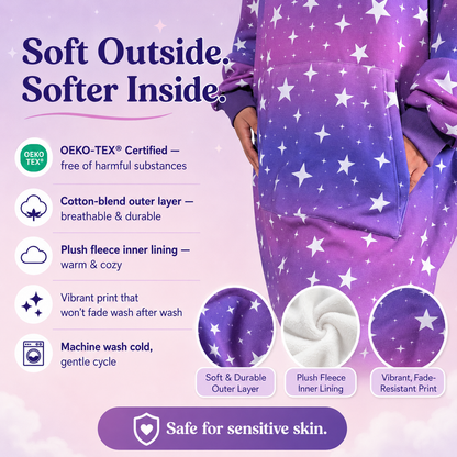 Oversized Cat-Ear Hoodie – Purple + Pink Ombre with Stars