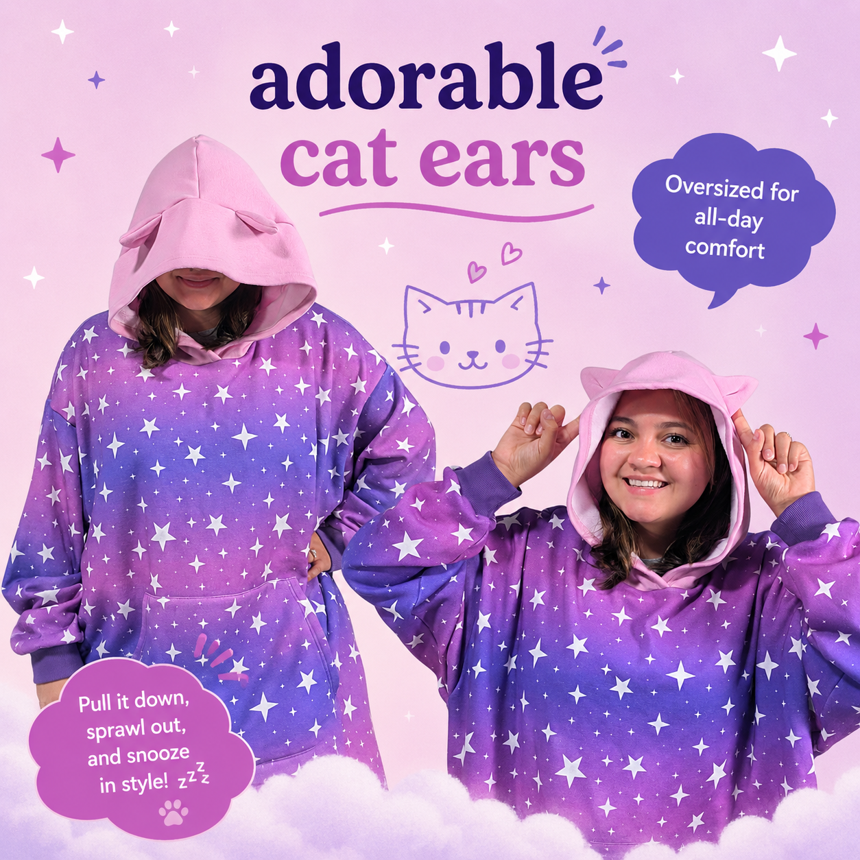 Oversized Cat-Ear Hoodie – Purple + Pink Ombre with Stars