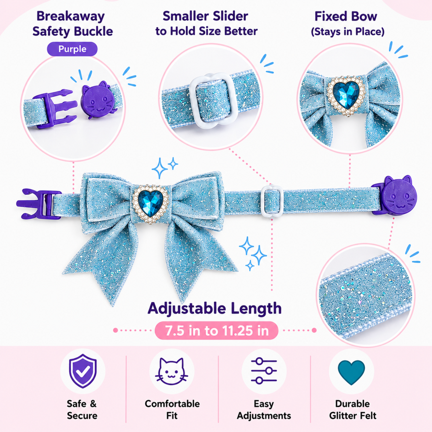 Blue Princess Sparkle Bow Cat Collar