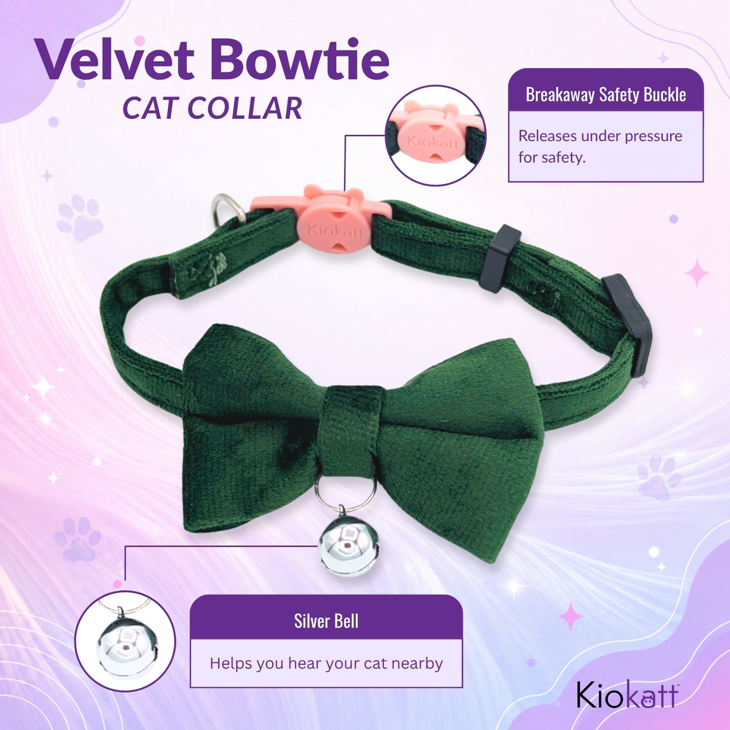 Green Velvet Bowtie + Bell Cat Collar