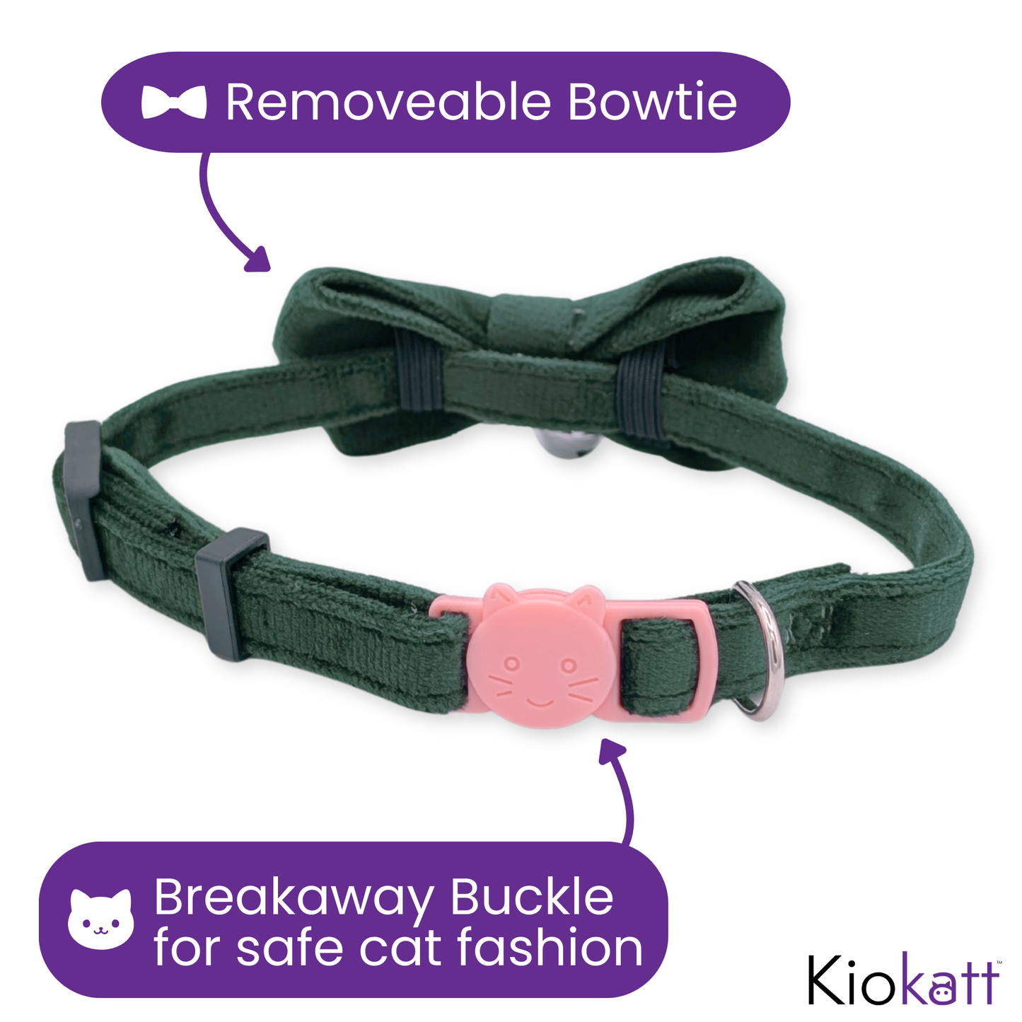Hunter Green – Velvet Bowtie + Bell Cat Collar