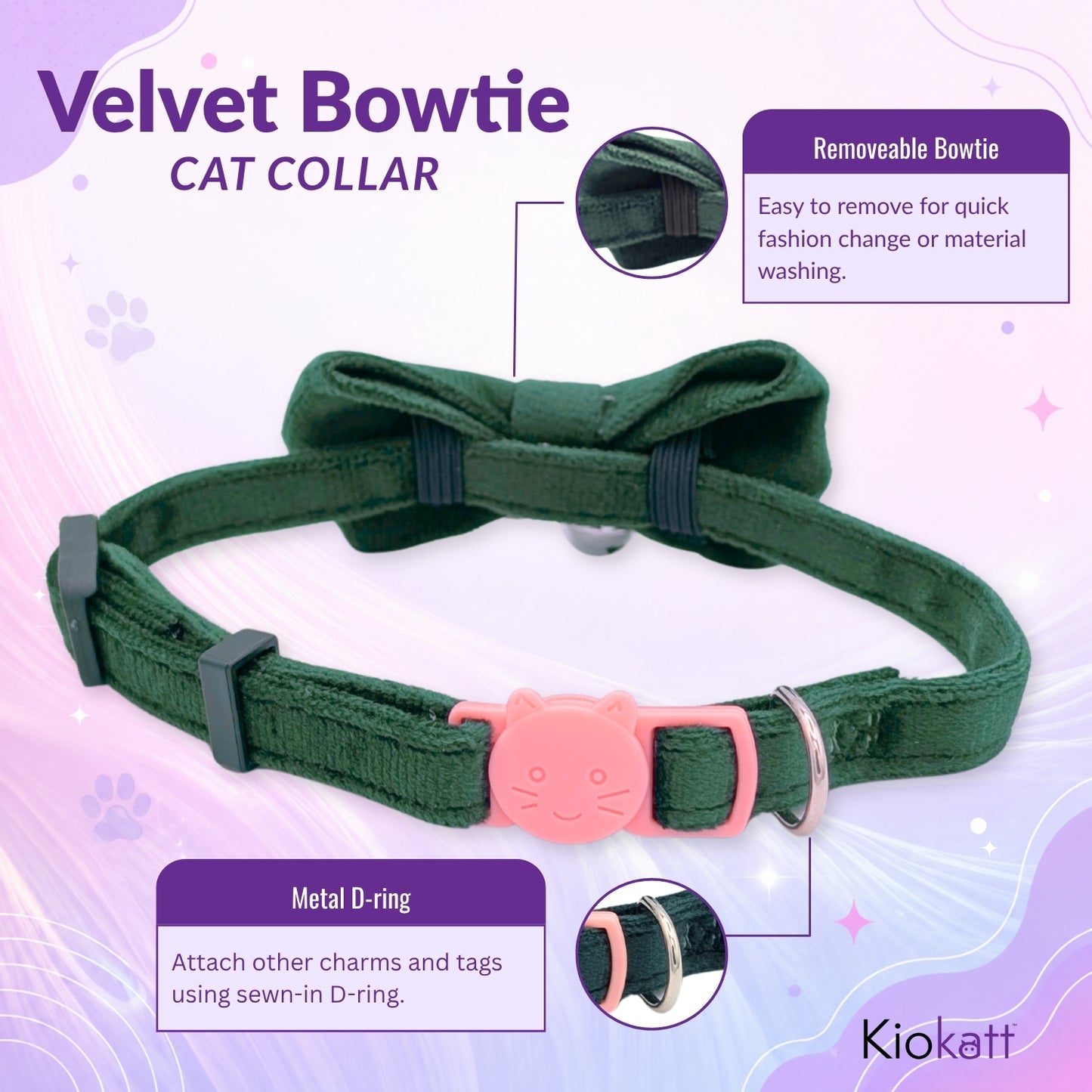 Green Velvet Bowtie + Bell Cat Collar