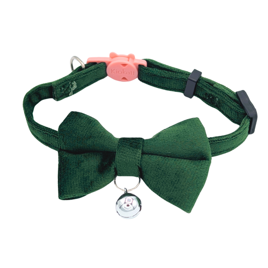 Hunter Green – Velvet Bowtie + Bell Cat Collar