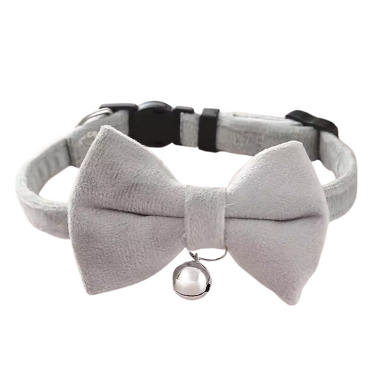 🩶 Classic Grey – Velvet Bowtie + Bell Cat Collar