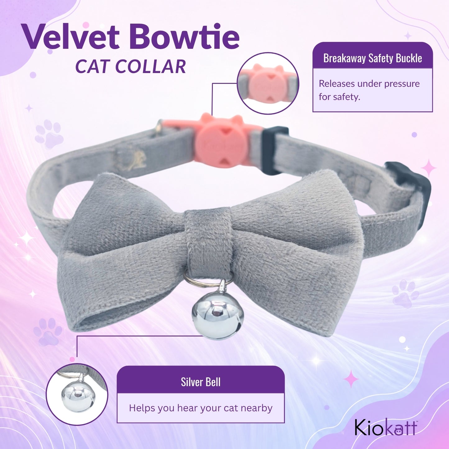 Grey Velvet Bowtie + Bell Cat Collar