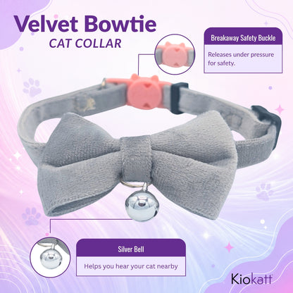 Grey Velvet Bowtie + Bell Cat Collar