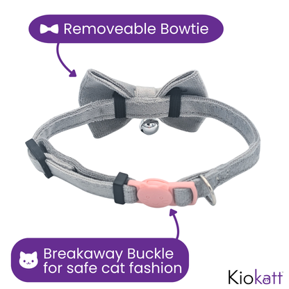 Classic Grey – Velvet Bowtie + Bell Cat Collar