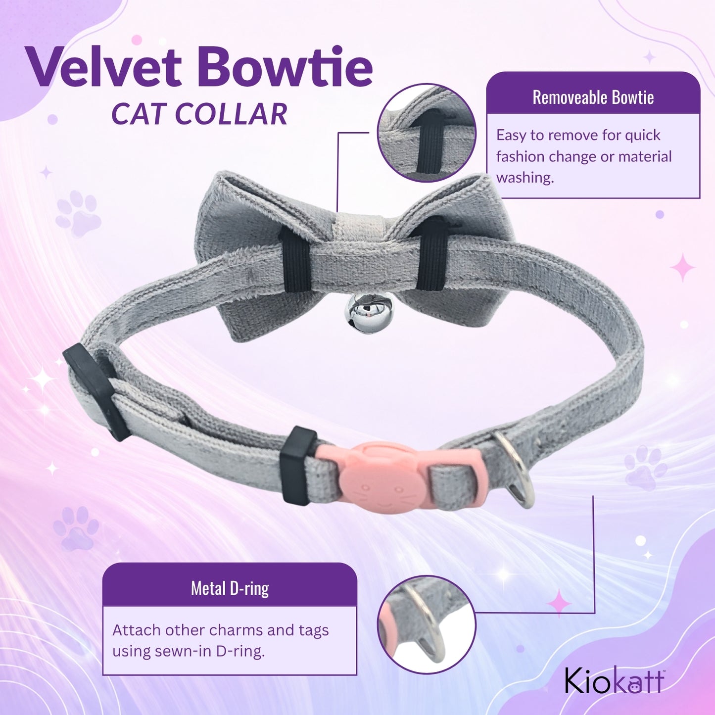 Grey Velvet Bowtie + Bell Cat Collar