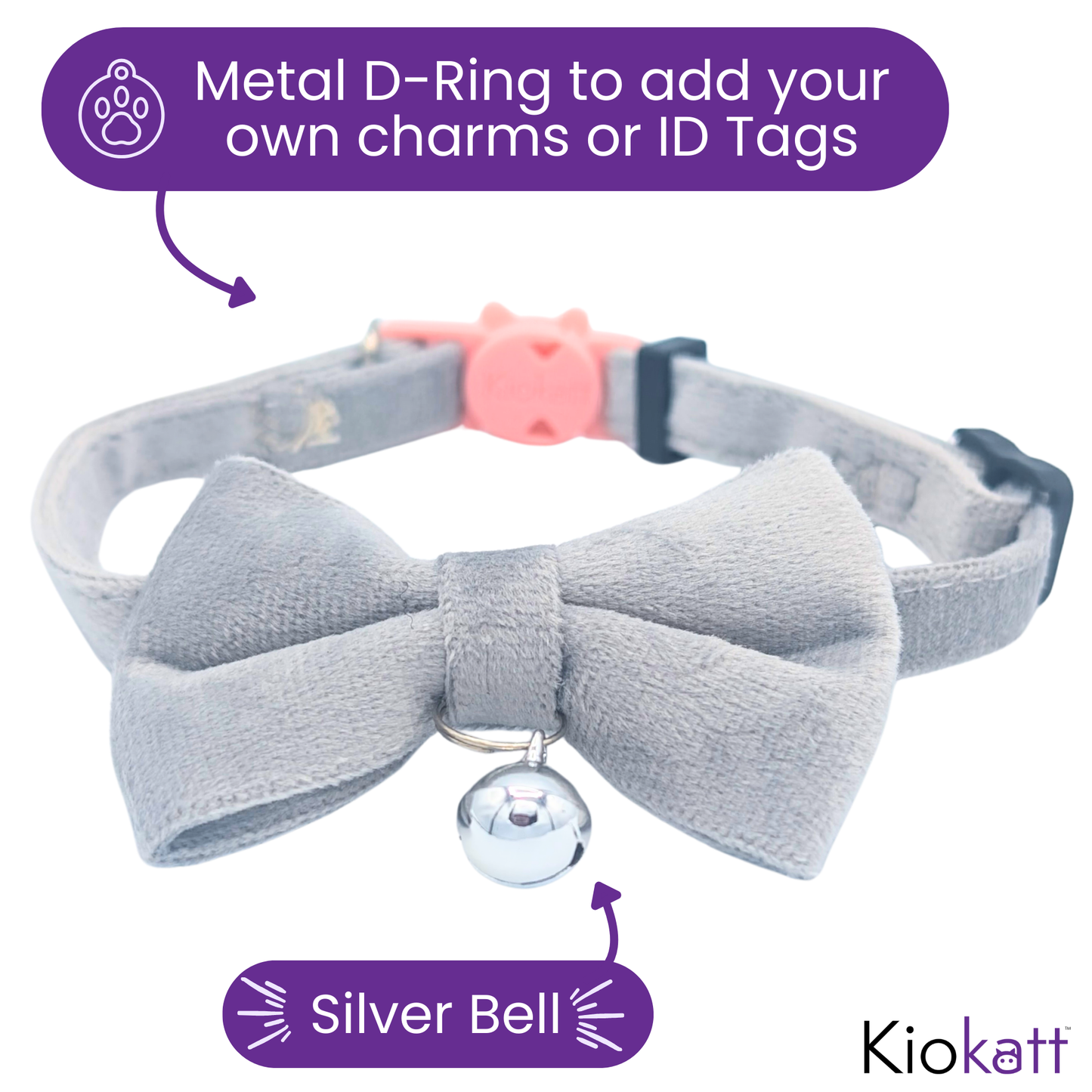 Classic Grey – Velvet Bowtie + Bell Cat Collar