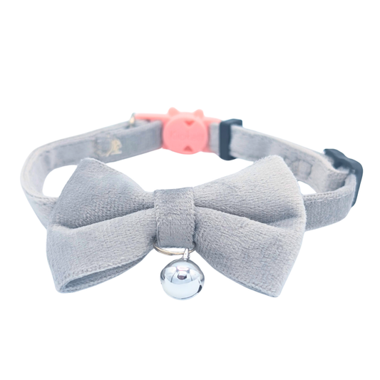 Classic Grey – Velvet Bowtie + Bell Cat Collar