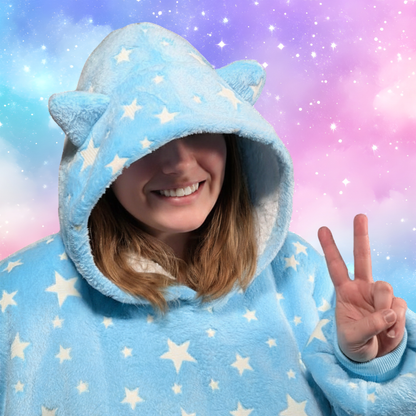 Blue Glow-in-the-Dark Star Cat Ear Oversized Hoodie Blanket