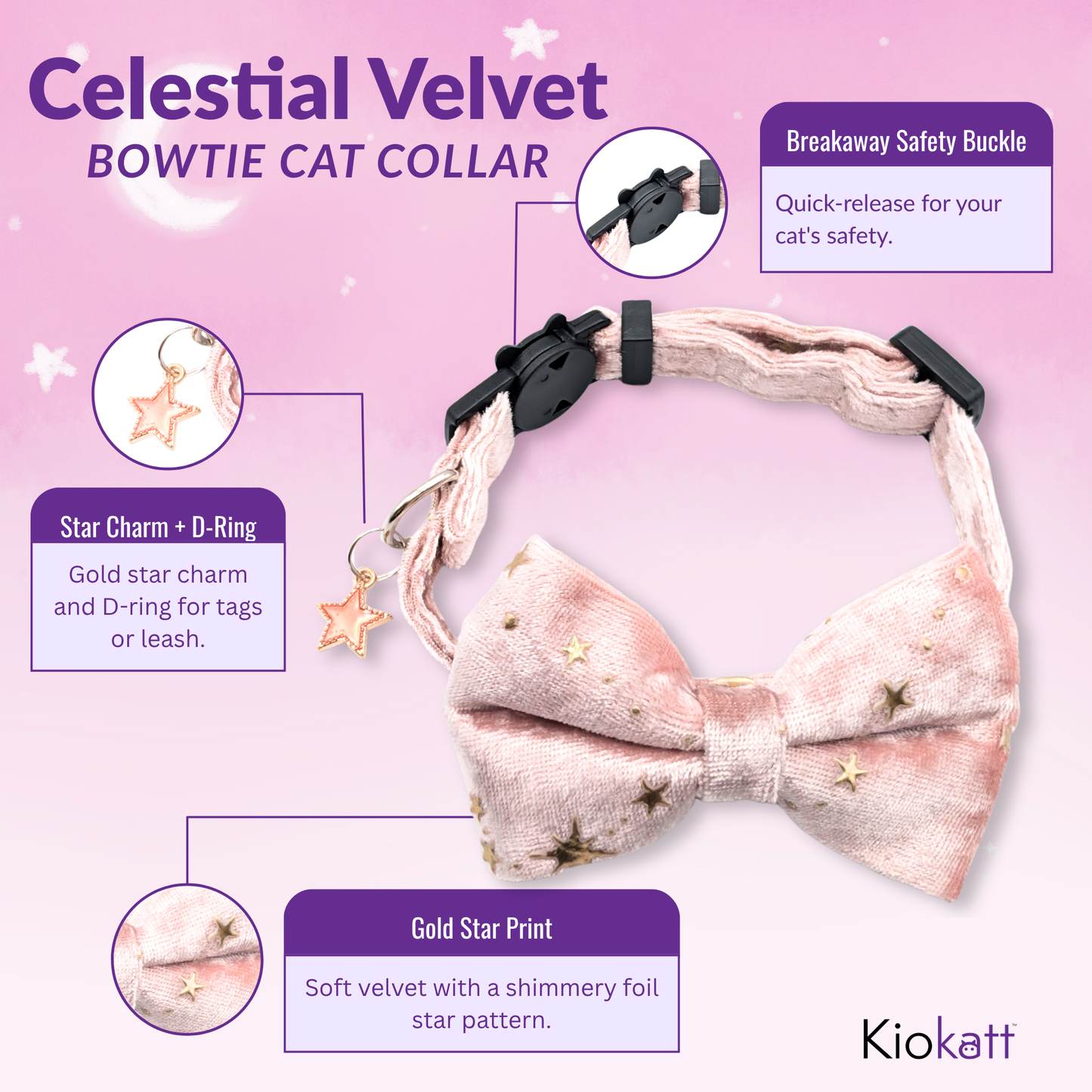 Pink Celestial Velvet Bowtie Cat Collar