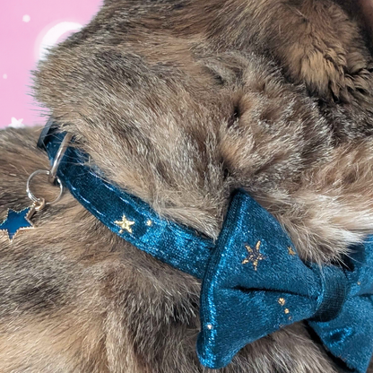 Teal Celestial Velvet Bowtie Cat Collar