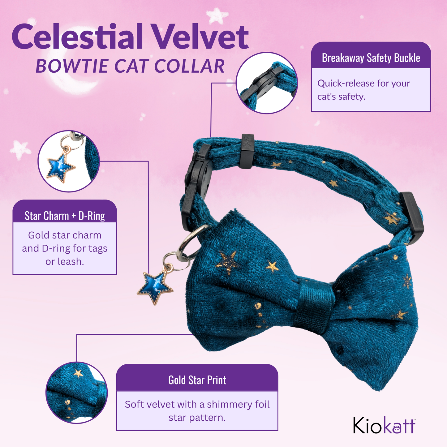 Teal Celestial Velvet Bowtie Cat Collar