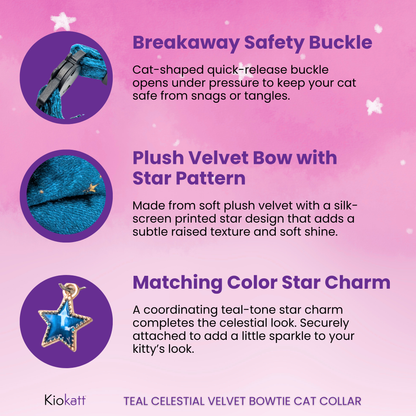 Cosmic Twilight – Teal Celestial Velvet Bowtie Cat Collar