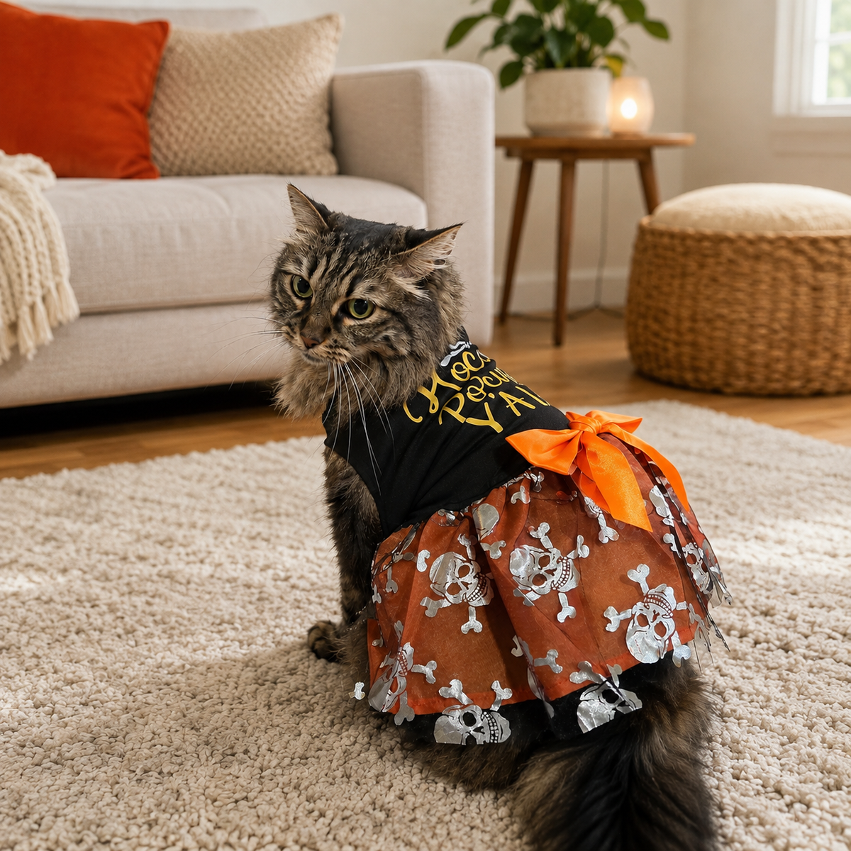 A long-haired tabby cat wearing a Halloween pet dress with a black top, orange skirt, and orange bow, sitting on a beige rug in a living room.